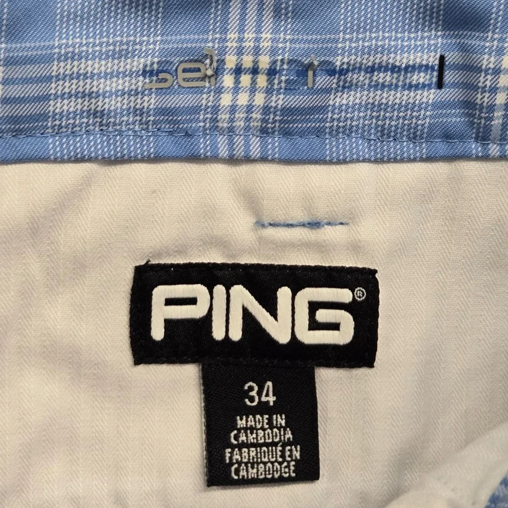 Ping Mens Golf Shorts Blue White Plaid Performance Flat Front‎ 34 Lightweight